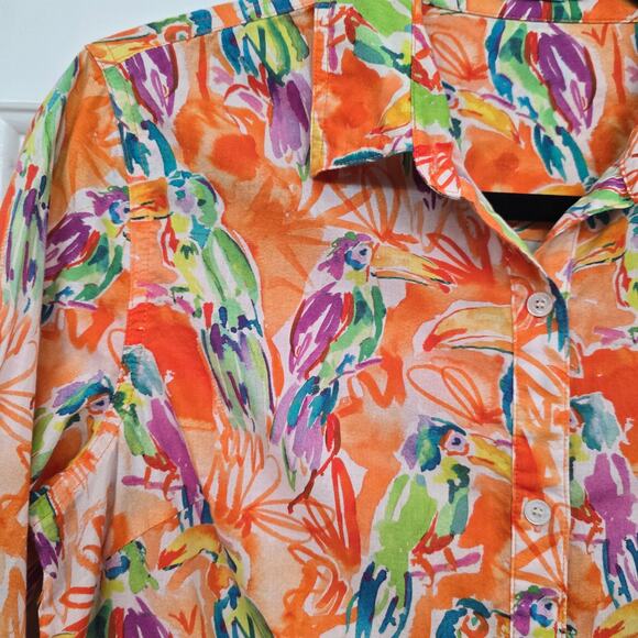 J.McLaughlin Parrot Print Button Down Shirt Sz S Tropical Orange Coastal Resort - Picture 2 of 8